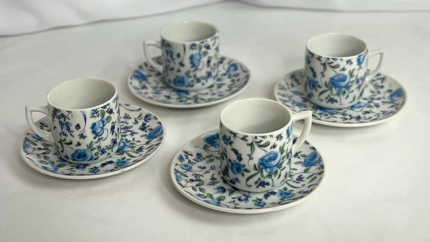 Demitasse Espresso Cup & Saucer Set - Blue Roses - Yellow Rose - Tea Time Party