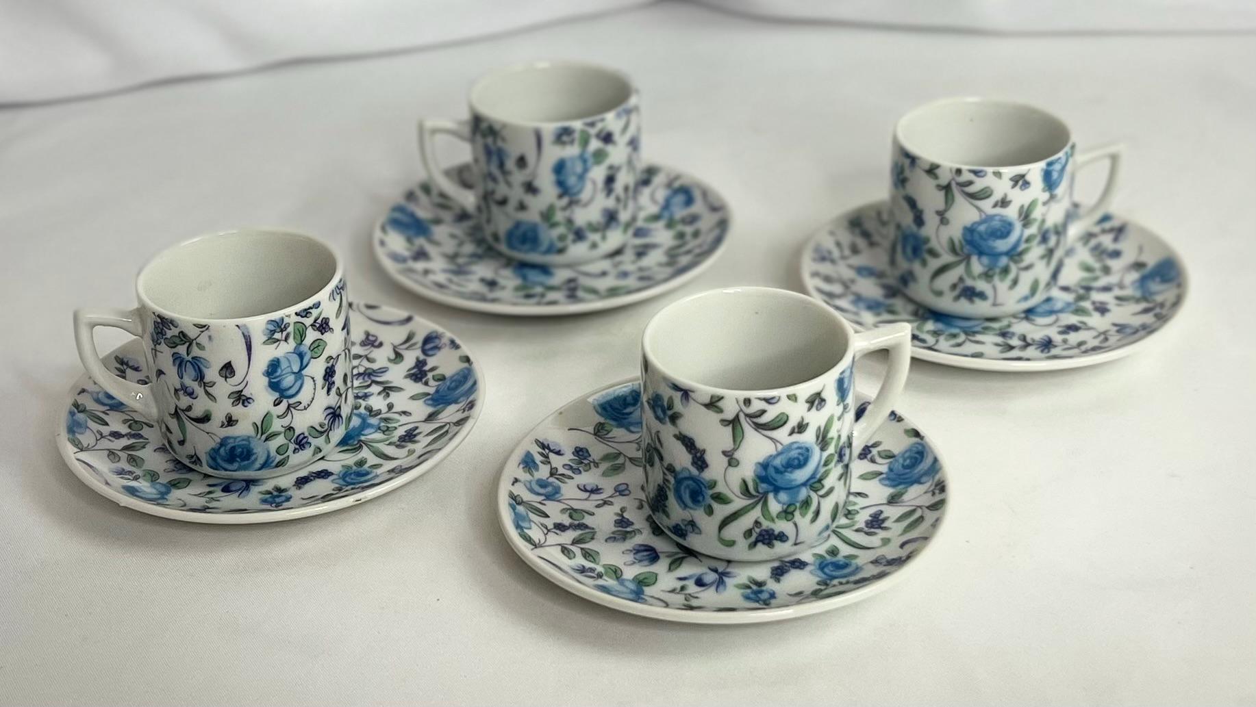 Demitasse Espresso Cup & Saucer Set - Blue Roses - Yellow Rose - Tea Time Party