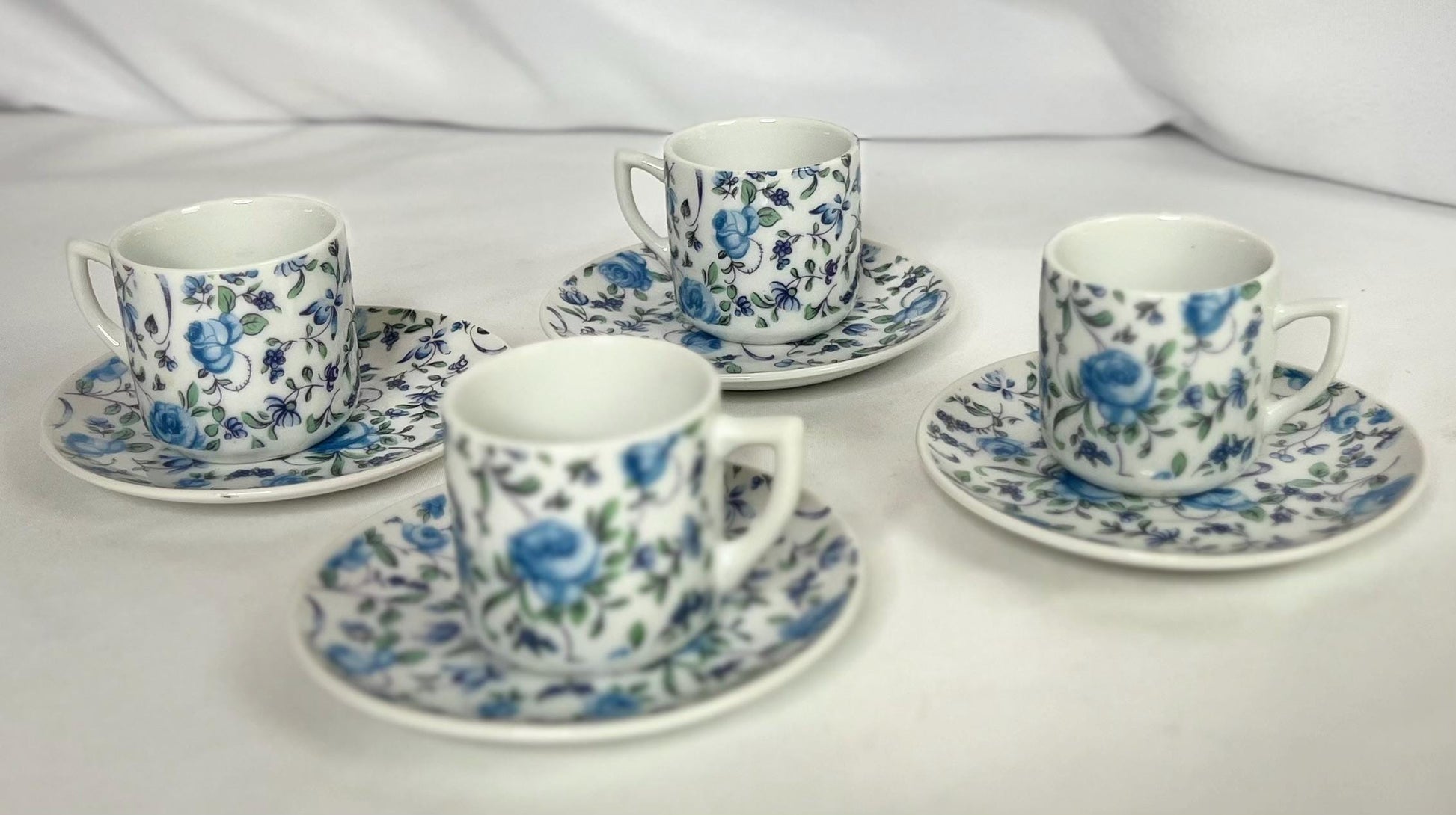 Demitasse Espresso Cup & Saucer Set - Blue Roses - Yellow Rose - Tea Time Party