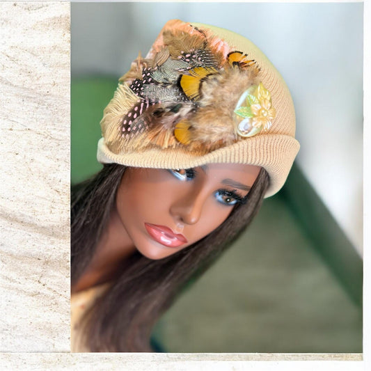 Fancy Feathered Jeweled Knit Hat - Sparkly Winter Flapper Beanie - Luxury Skiing Hat