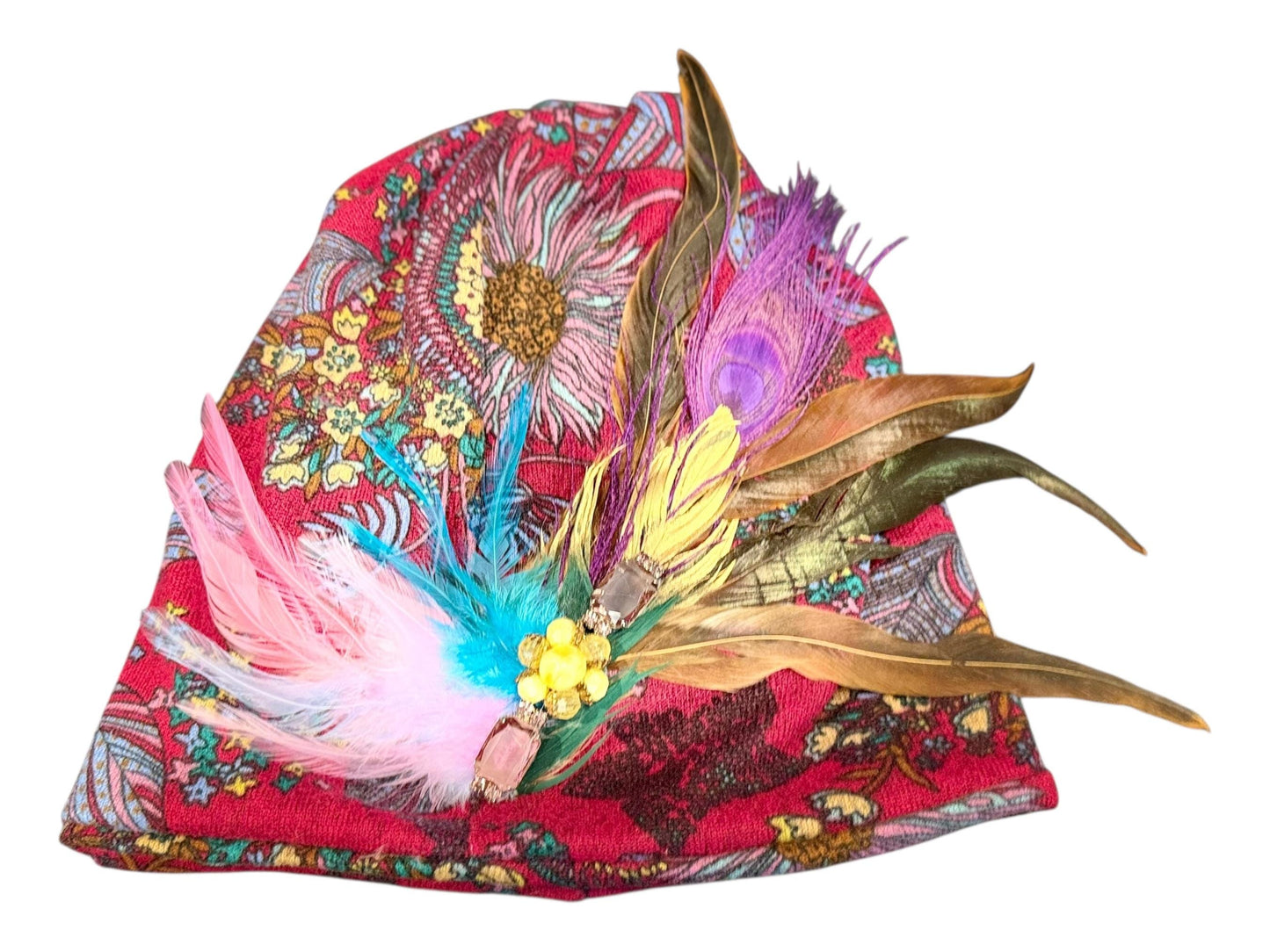 Statement Flower Flapper Jeweled Designer Feathered Winter Knit Hat