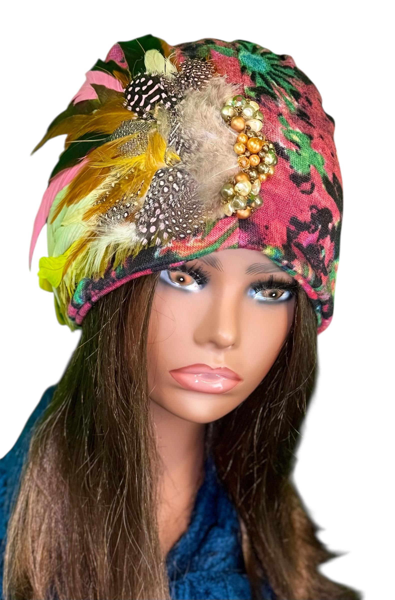 Fancy Feathered Jeweled Beanie Hat - Floral Winter Flapper Beanie - Luxury Skiing Hat