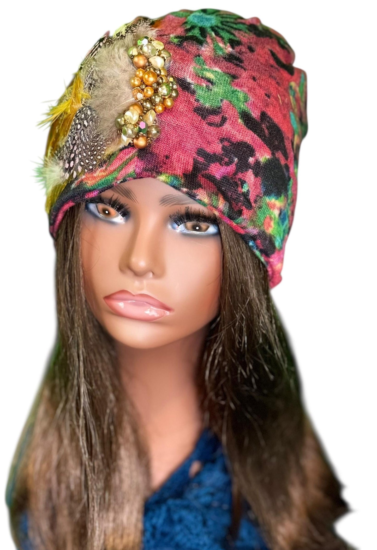 Fancy Feathered Jeweled Beanie Hat - Floral Winter Flapper Beanie - Luxury Skiing Hat