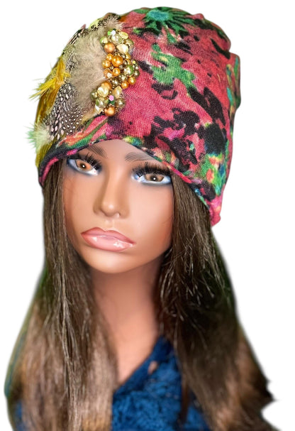 Fancy Feathered Jeweled Beanie Hat - Floral Winter Flapper Beanie - Luxury Skiing Hat