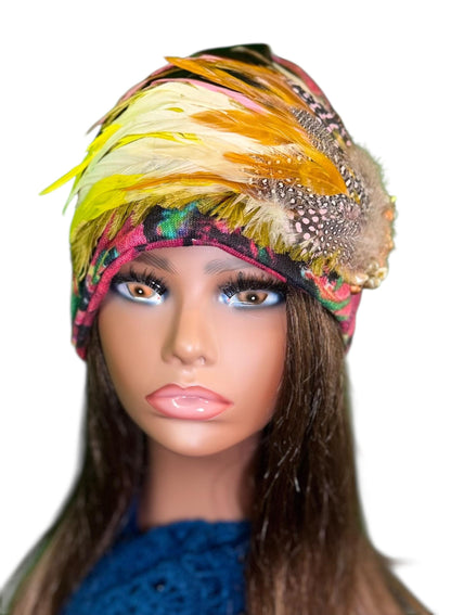 Fancy Feathered Jeweled Beanie Hat - Floral Winter Flapper Beanie - Luxury Skiing Hat