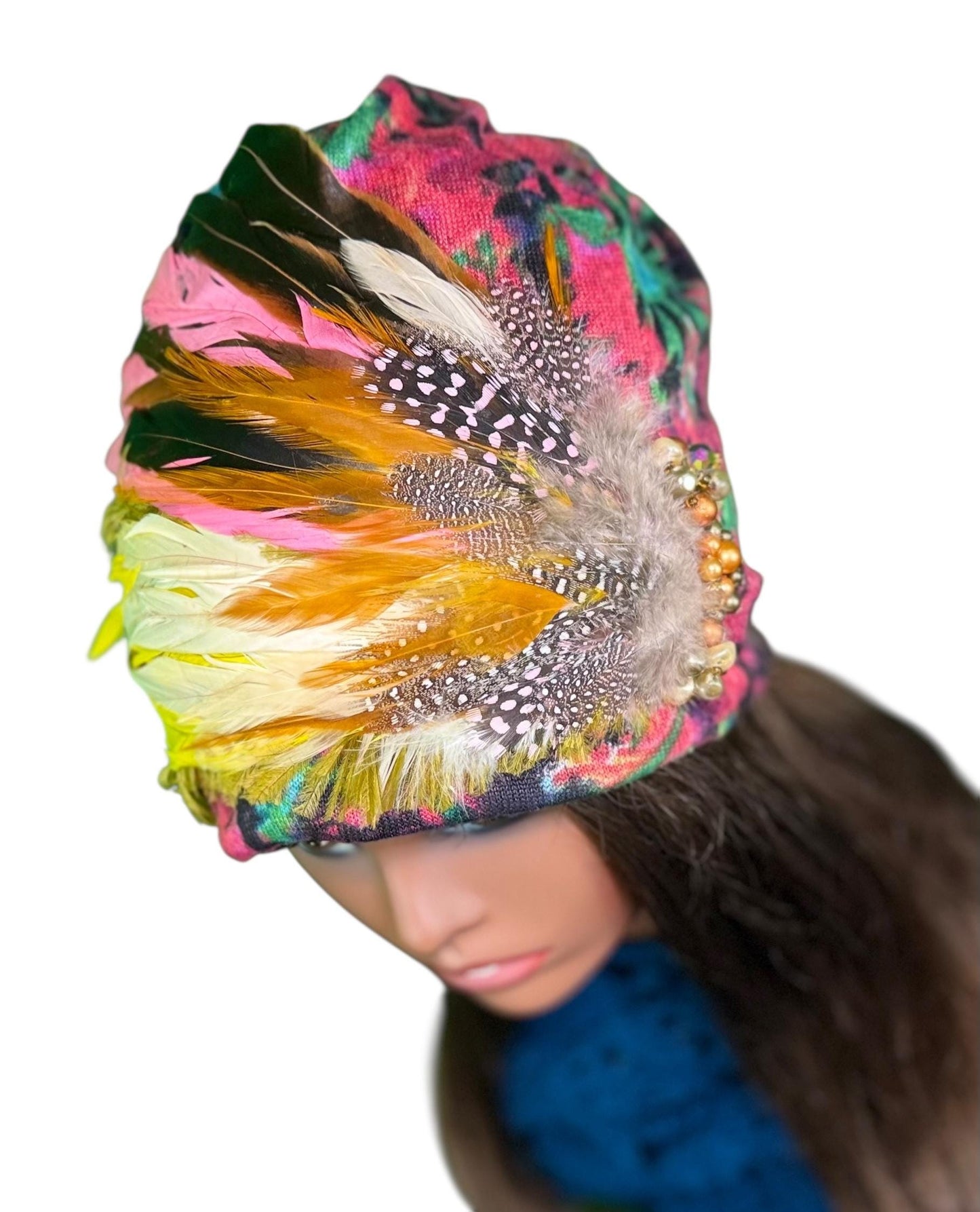 Fancy Feathered Jeweled Beanie Hat - Floral Winter Flapper Beanie - Luxury Skiing Hat
