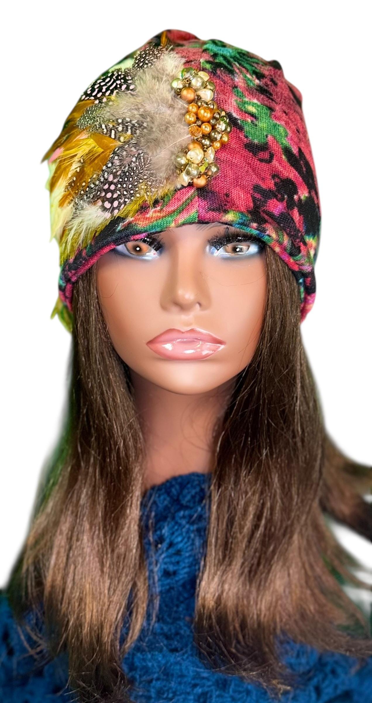 Fancy Feathered Jeweled Beanie Hat - Floral Winter Flapper Beanie - Luxury Skiing Hat