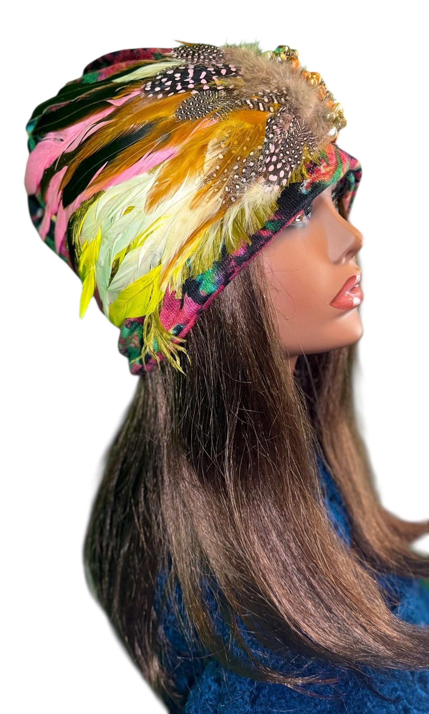 Fancy Feathered Jeweled Beanie Hat - Floral Winter Flapper Beanie - Luxury Skiing Hat