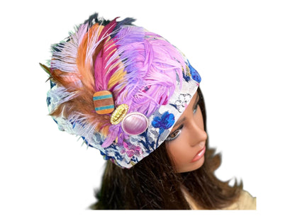 Statement Flower Lace Flapper Jeweled Designer Feathered Winter Knit Hat