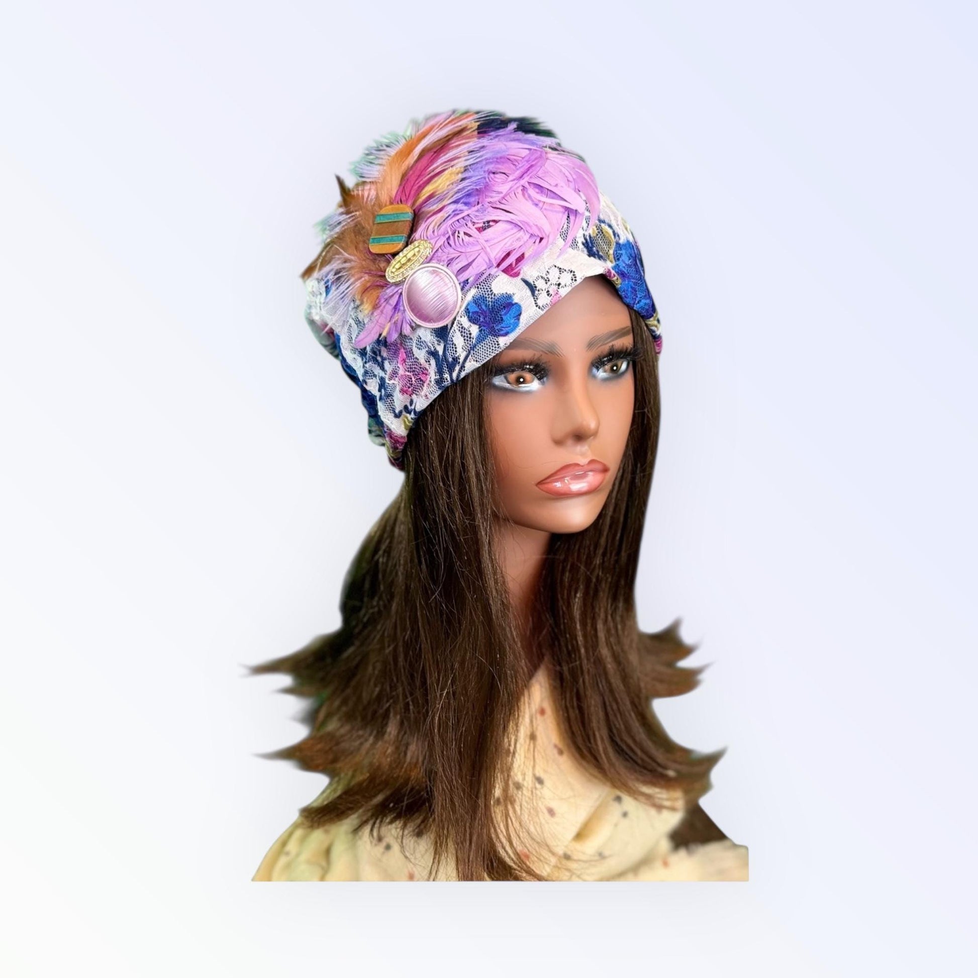 Statement Flower Lace Flapper Jeweled Designer Feathered Winter Knit Hat