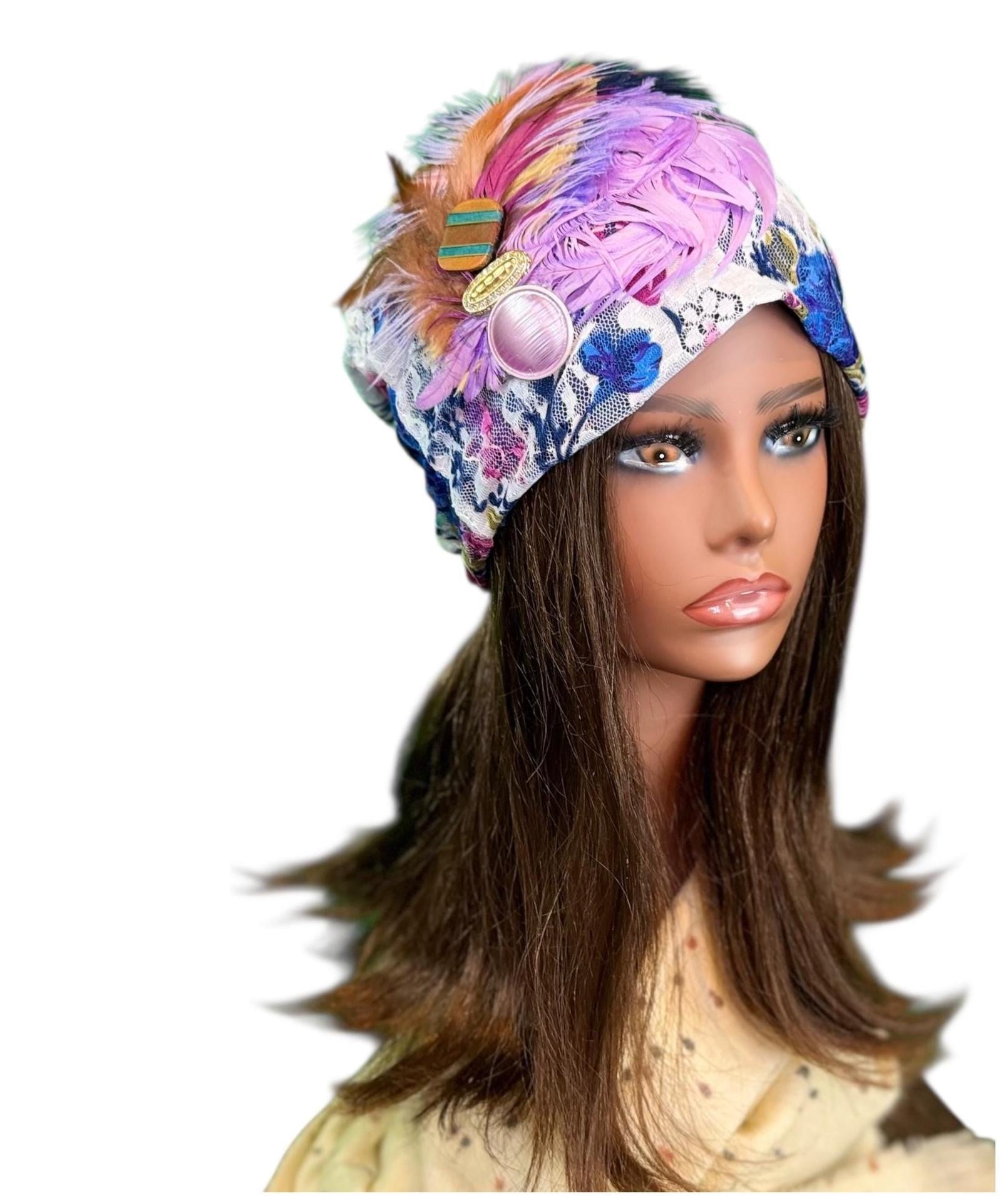 Statement Flower Lace Flapper Jeweled Designer Feathered Winter Knit Hat