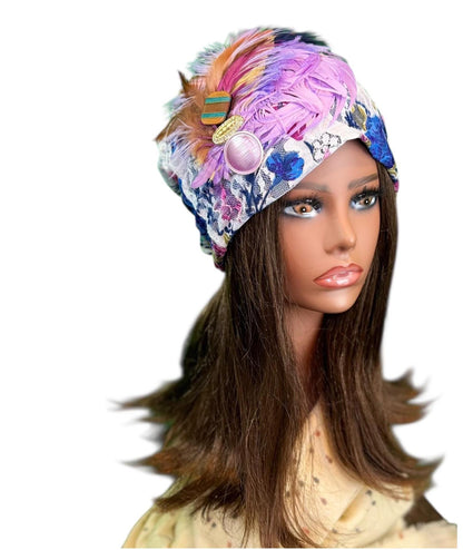 Statement Flower Lace Flapper Jeweled Designer Feathered Winter Knit Hat
