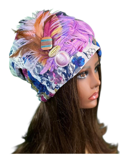 Statement Flower Lace Flapper Jeweled Designer Feathered Winter Knit Hat