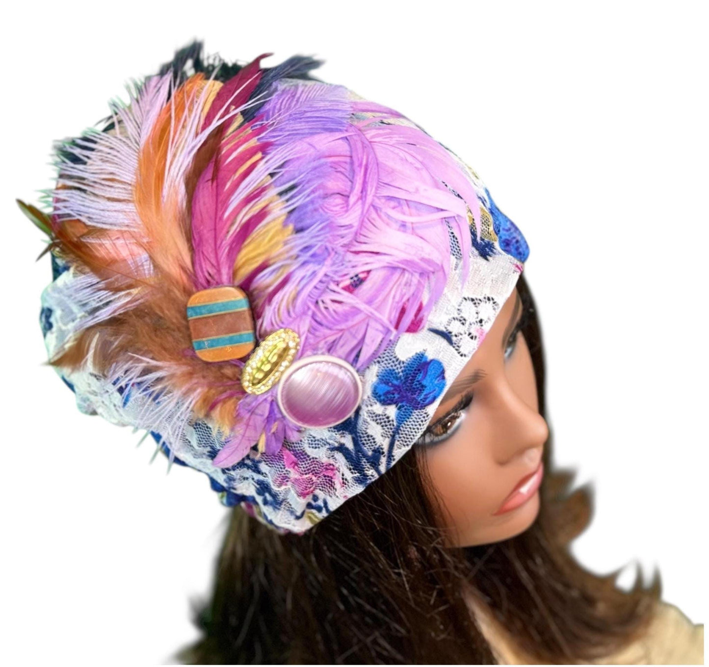 Statement Flower Lace Flapper Jeweled Designer Feathered Winter Knit Hat