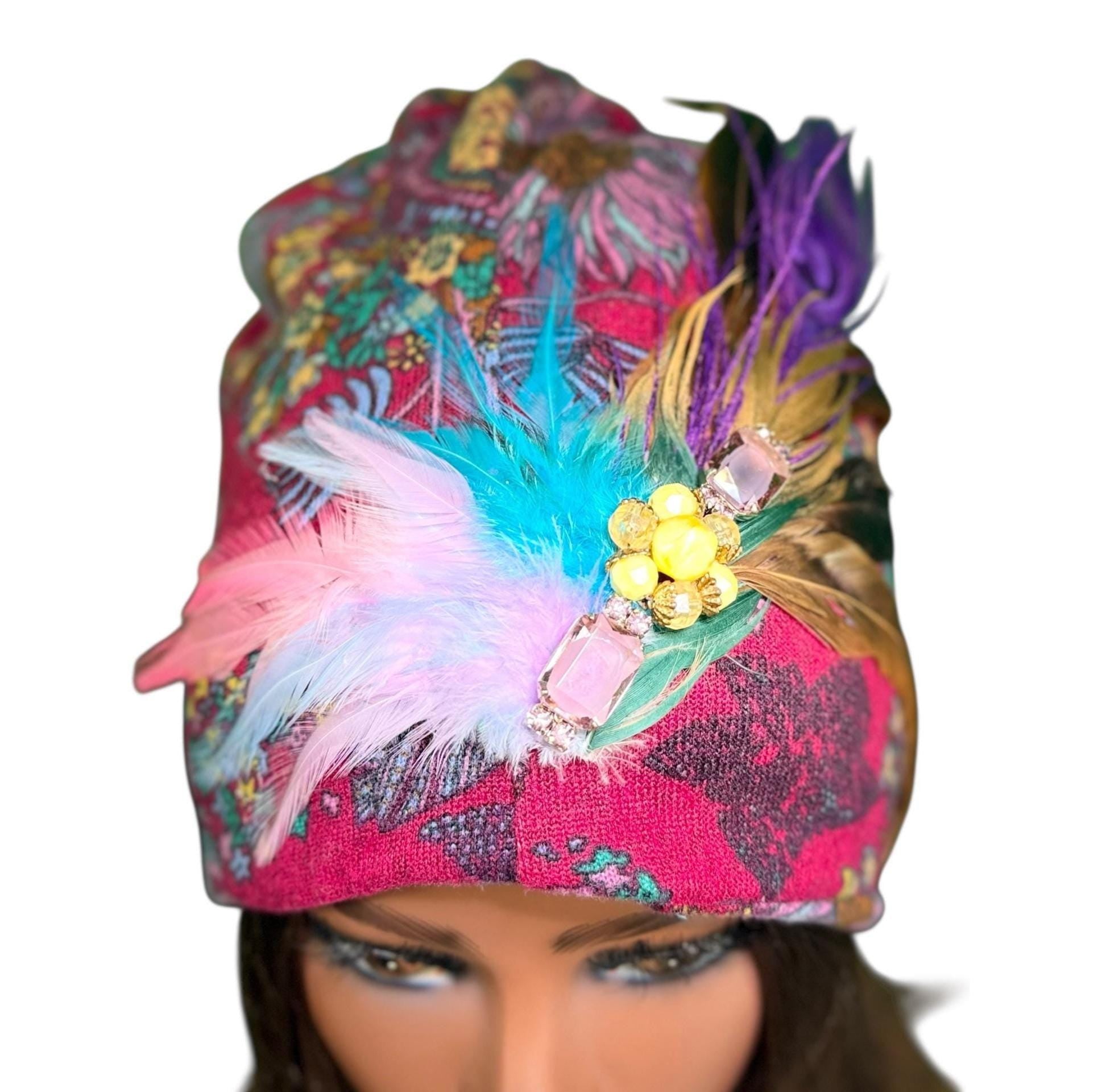 Statement Flower Flapper Jeweled Designer Feathered Winter Knit Hat