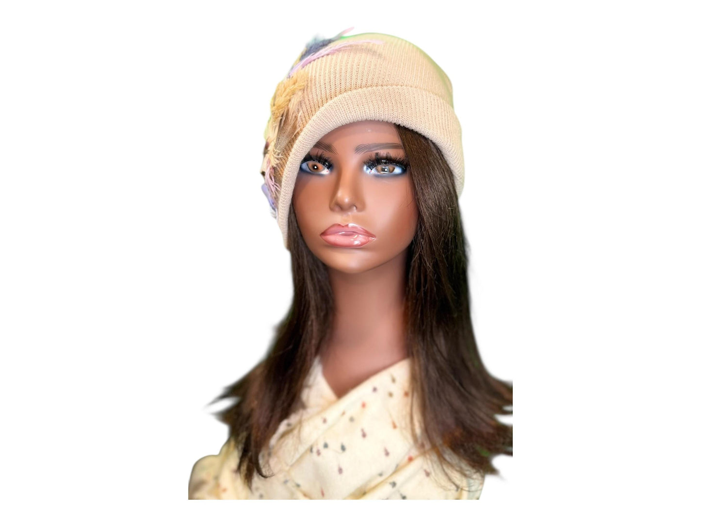 Fancy Feathered Jeweled Knit Hat - Sparkly Winter Flapper Beanie - Luxury Skiing Hat