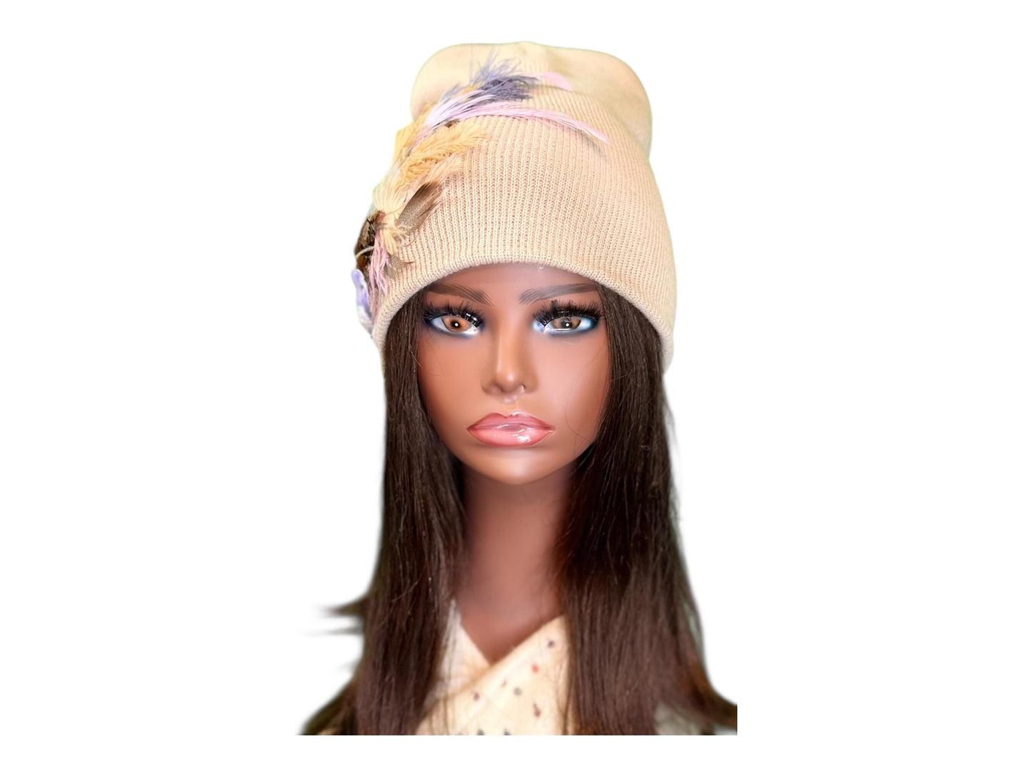 Fancy Feathered Jeweled Knit Hat - Sparkly Winter Flapper Beanie - Luxury Skiing Hat