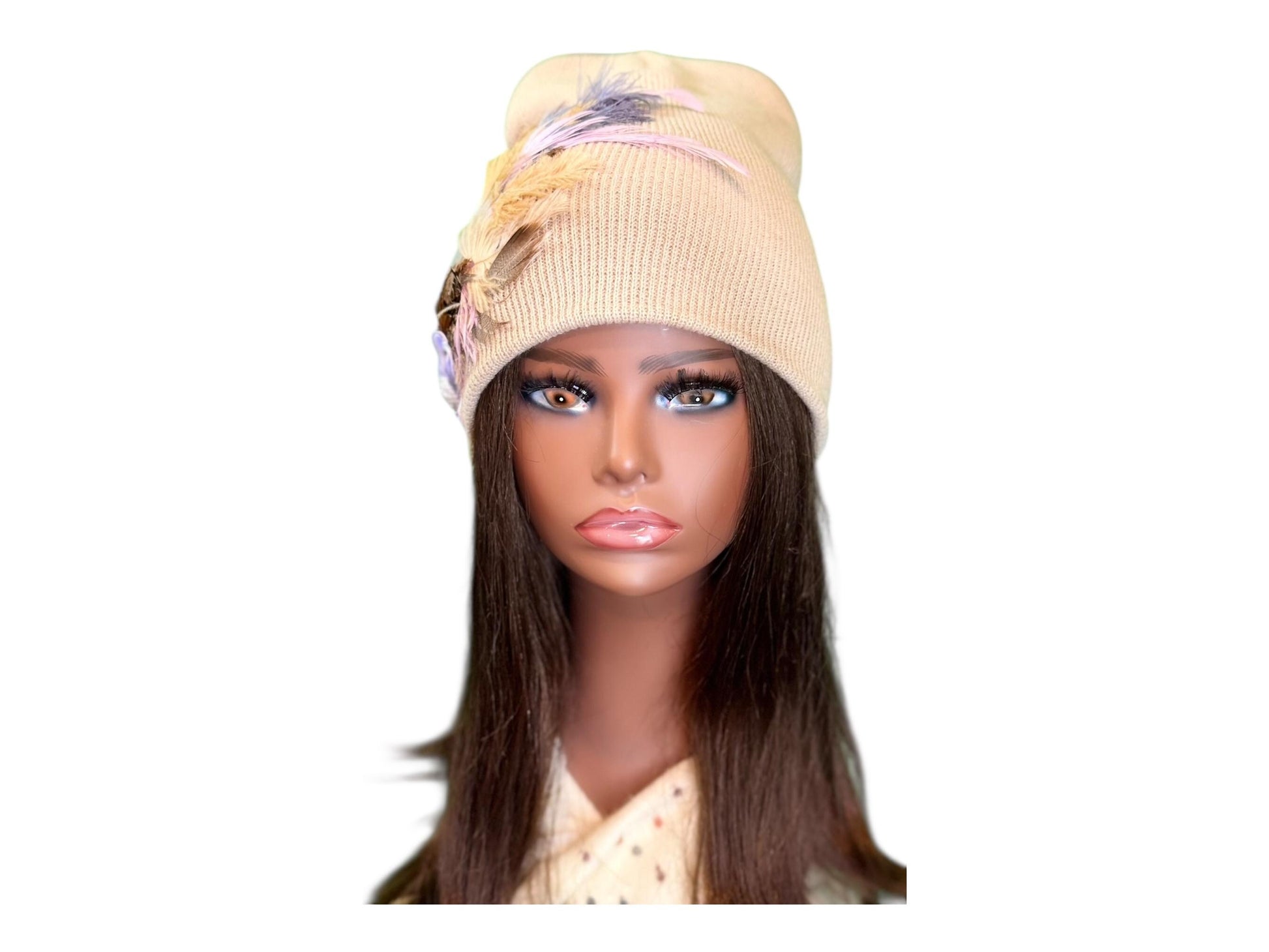 Fancy Feathered Jeweled Knit Hat - Sparkly Winter Flapper Beanie - Luxury Skiing Hat