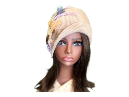 Fancy Feathered Jeweled Knit Hat - Sparkly Winter Flapper Beanie - Luxury Skiing Hat