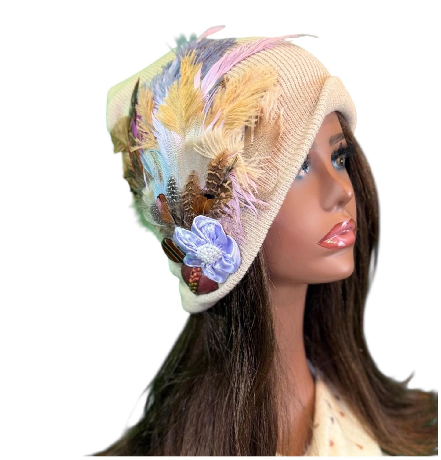 Fancy Feathered Jeweled Knit Hat - Sparkly Winter Flapper Beanie - Luxury Skiing Hat