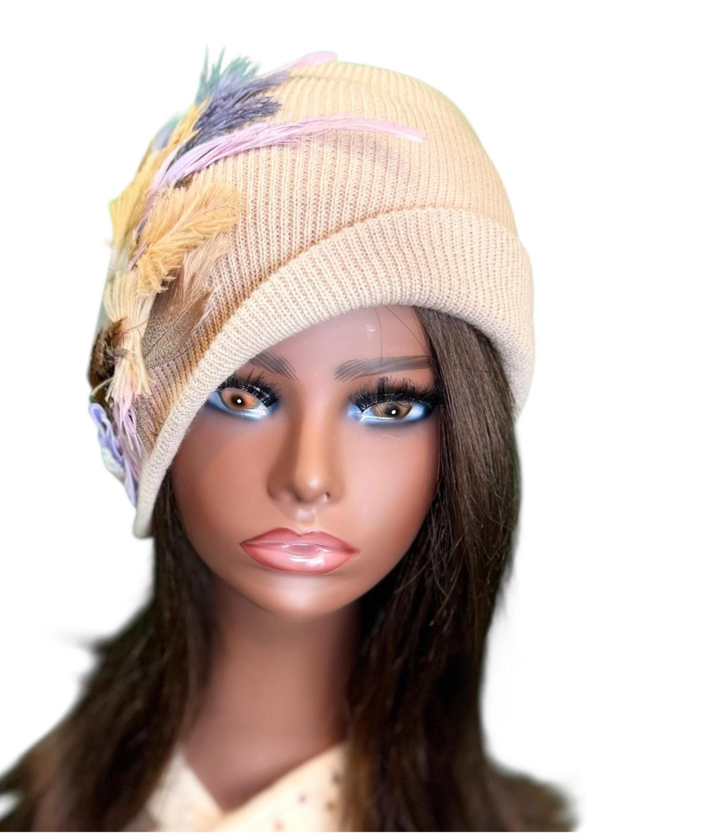 Fancy Feathered Jeweled Knit Hat - Sparkly Winter Flapper Beanie - Luxury Skiing Hat