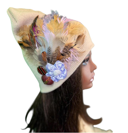 Fancy Feathered Jeweled Knit Hat - Sparkly Winter Flapper Beanie - Luxury Skiing Hat