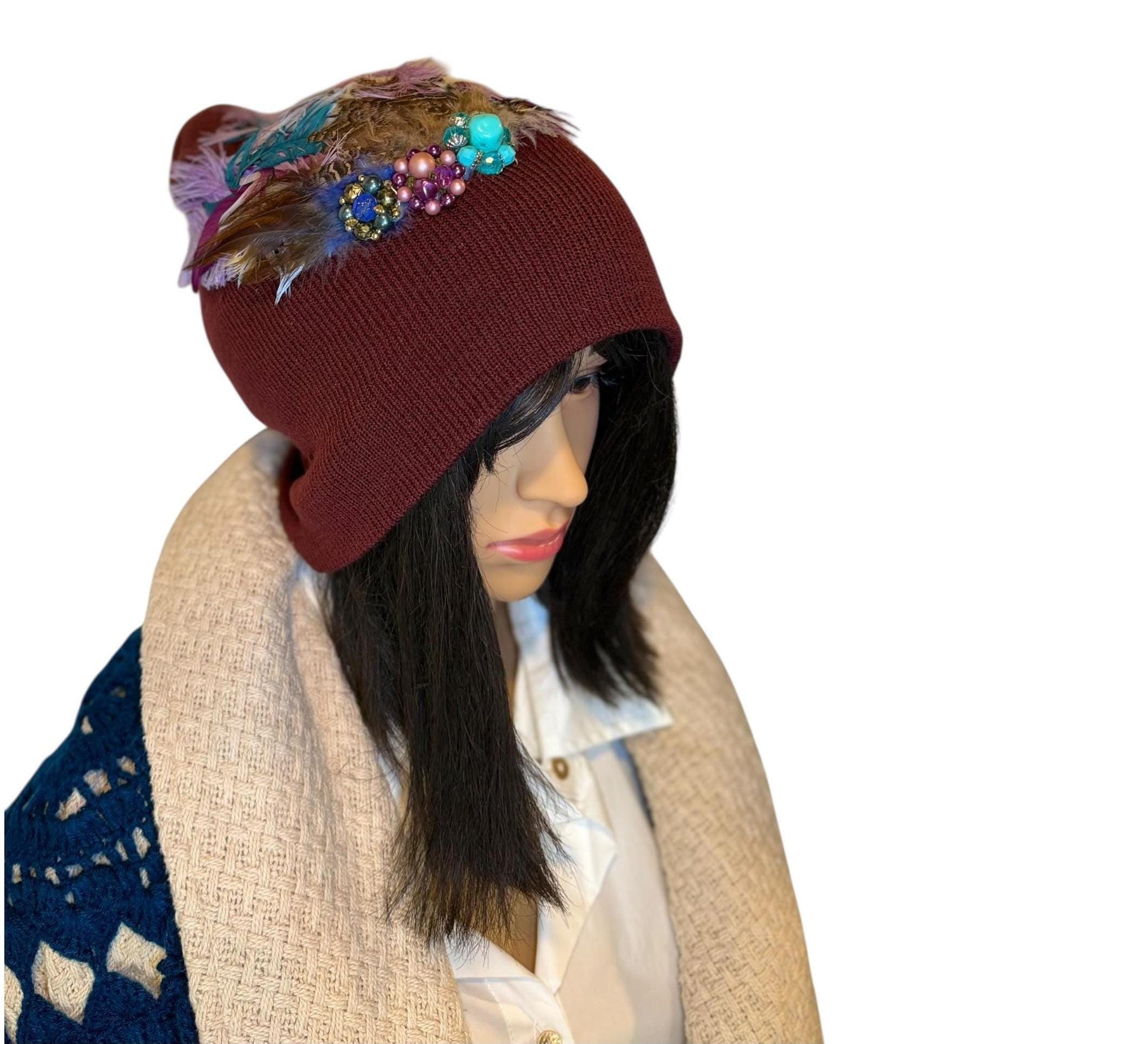 Unique Sparkly Flapper Beanie - Embellished Vintage Jeweled - Feathered Winter Knit Hat,