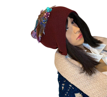 Unique Sparkly Flapper Beanie - Embellished Vintage Jeweled - Feathered Winter Knit Hat,