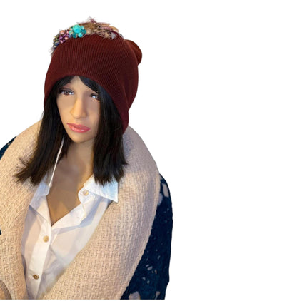Unique Sparkly Flapper Beanie - Embellished Vintage Jeweled - Feathered Winter Knit Hat,