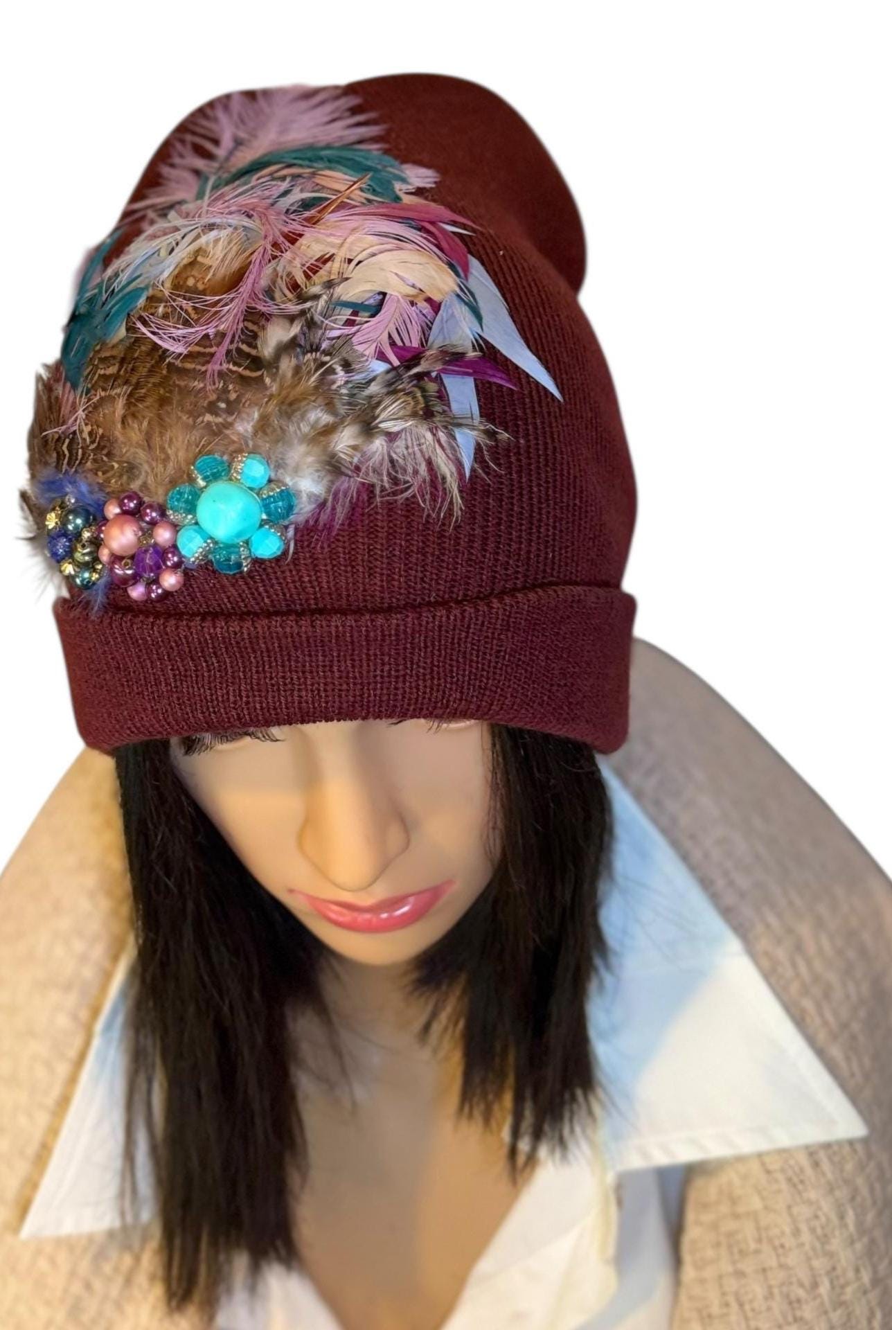 Unique Sparkly Flapper Beanie - Embellished Vintage Jeweled - Feathered Winter Knit Hat,