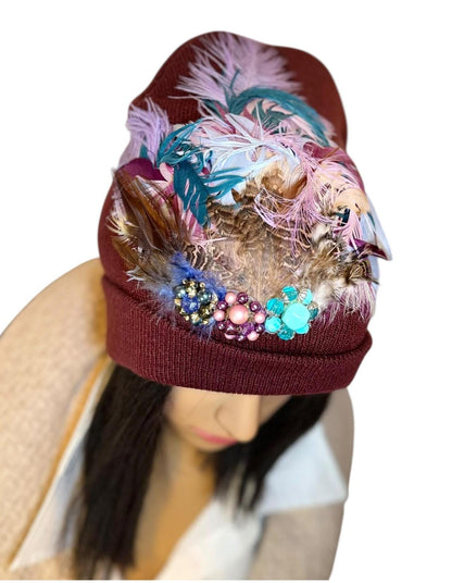 Unique Sparkly Flapper Beanie - Embellished Vintage Jeweled - Feathered Winter Knit Hat,