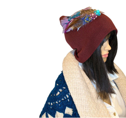 Unique Sparkly Flapper Beanie - Embellished Vintage Jeweled - Feathered Winter Knit Hat,