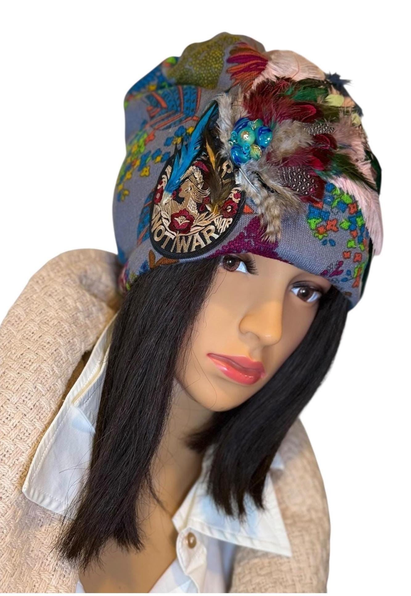Statement Patchwork “Make Love Not War” Flapper - Designer Jeweled and Feathered Fashionable Hat