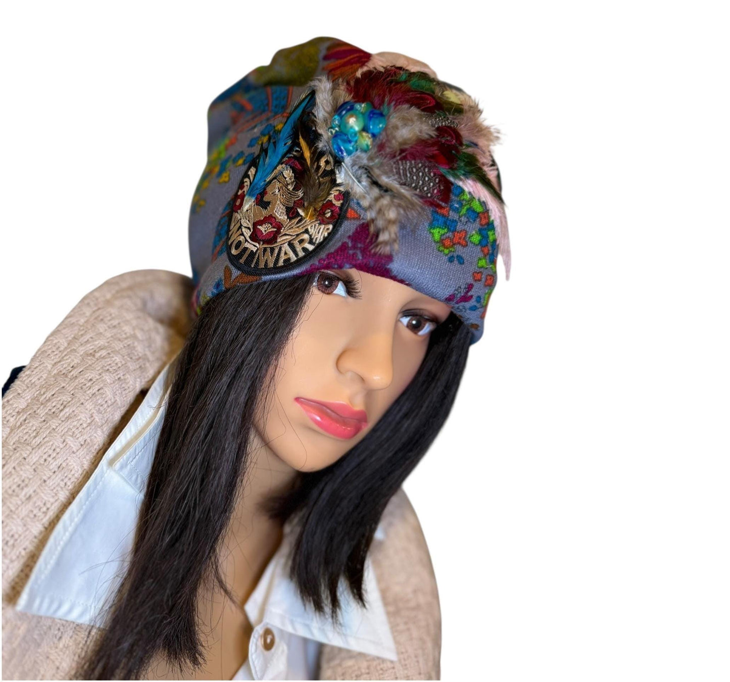 Statement Patchwork “Make Love Not War” Flapper - Designer Jeweled and Feathered Fashionable Hat