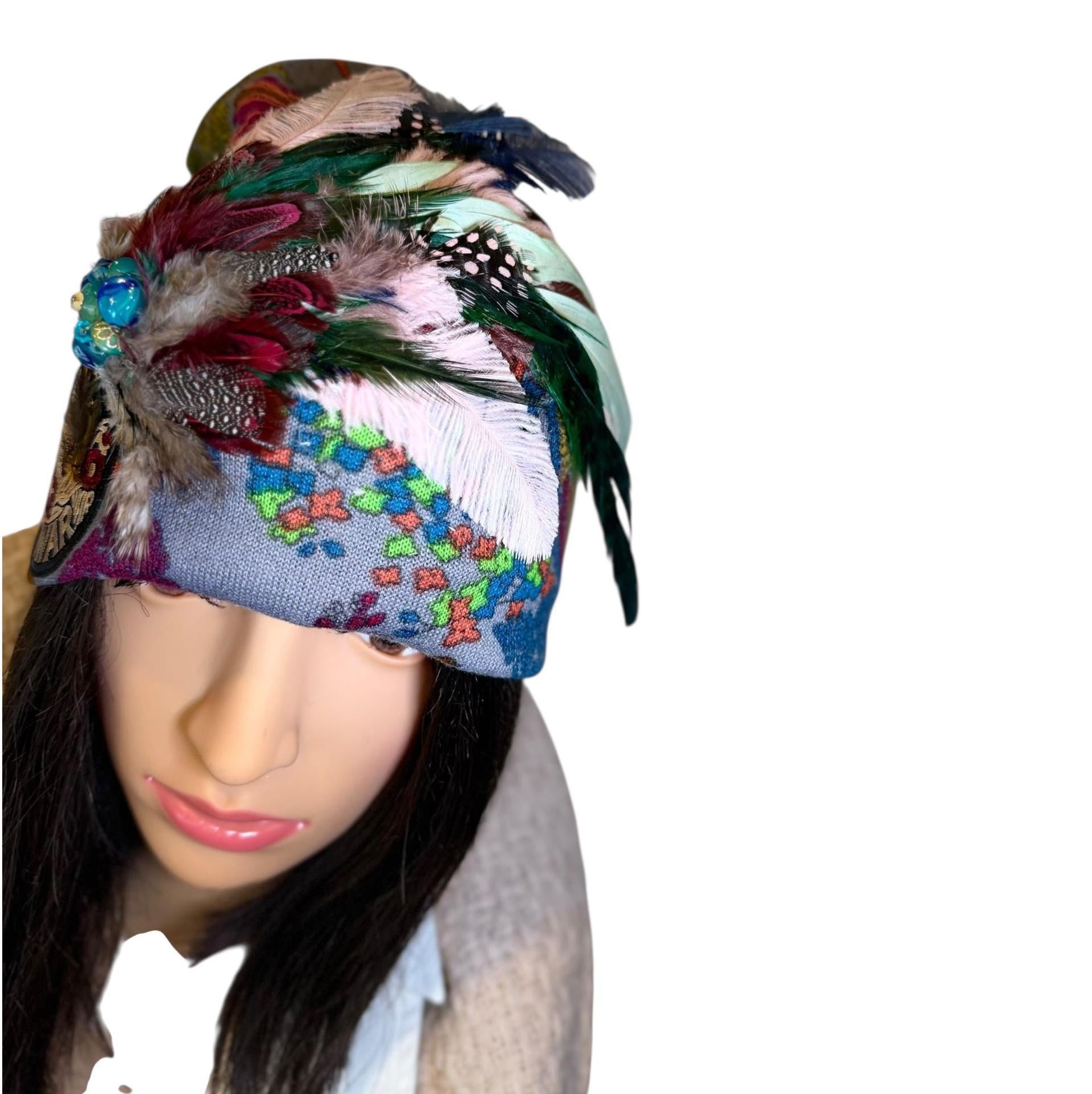 Statement Patchwork “Make Love Not War” Flapper - Designer Jeweled and Feathered Fashionable Hat
