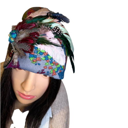 Statement Patchwork “Make Love Not War” Flapper - Designer Jeweled and Feathered Fashionable Hat