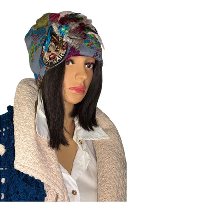 Statement Patchwork “Make Love Not War” Flapper - Designer Jeweled and Feathered Fashionable Hat