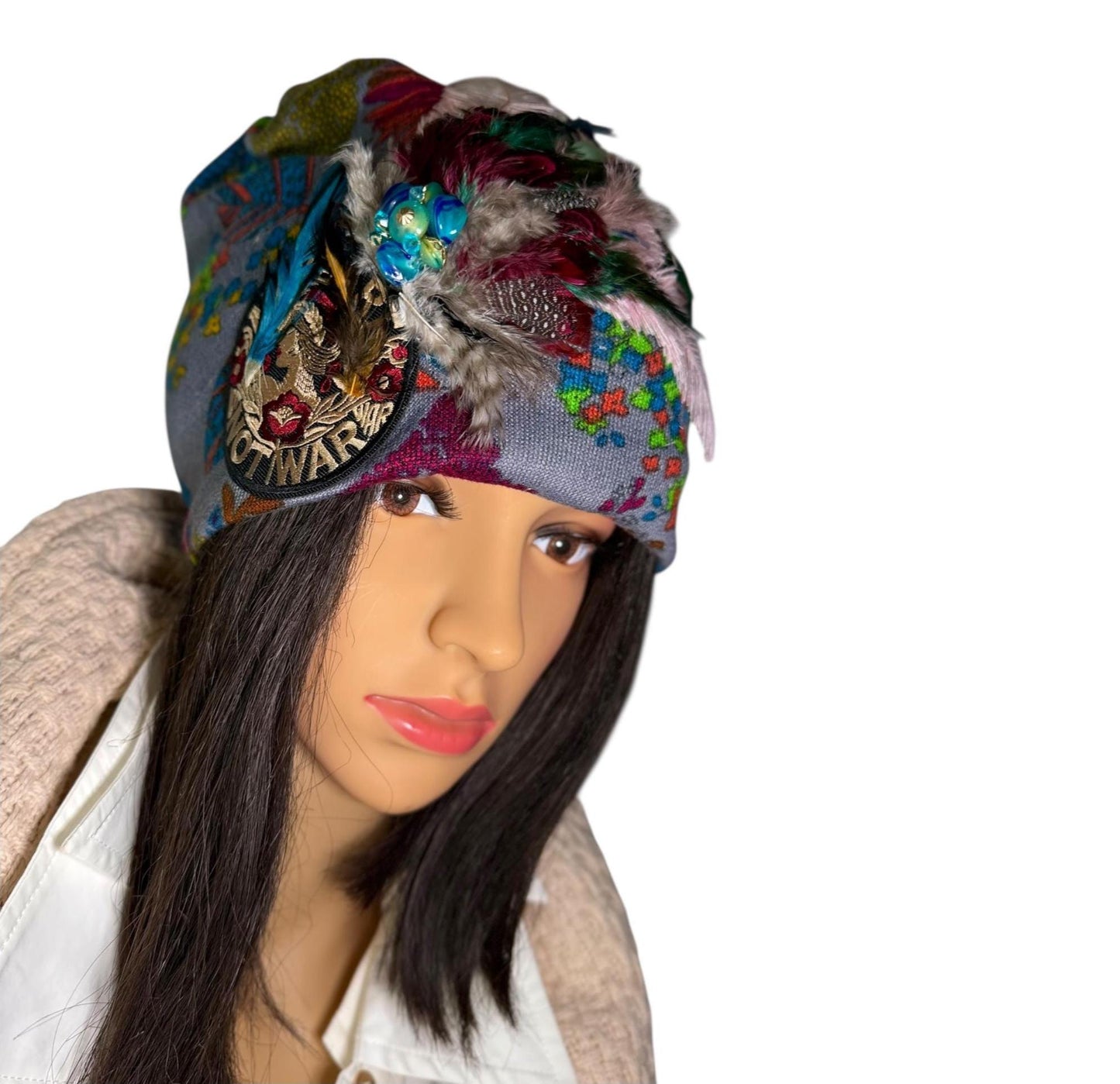Statement Patchwork “Make Love Not War” Flapper - Designer Jeweled and Feathered Fashionable Hat