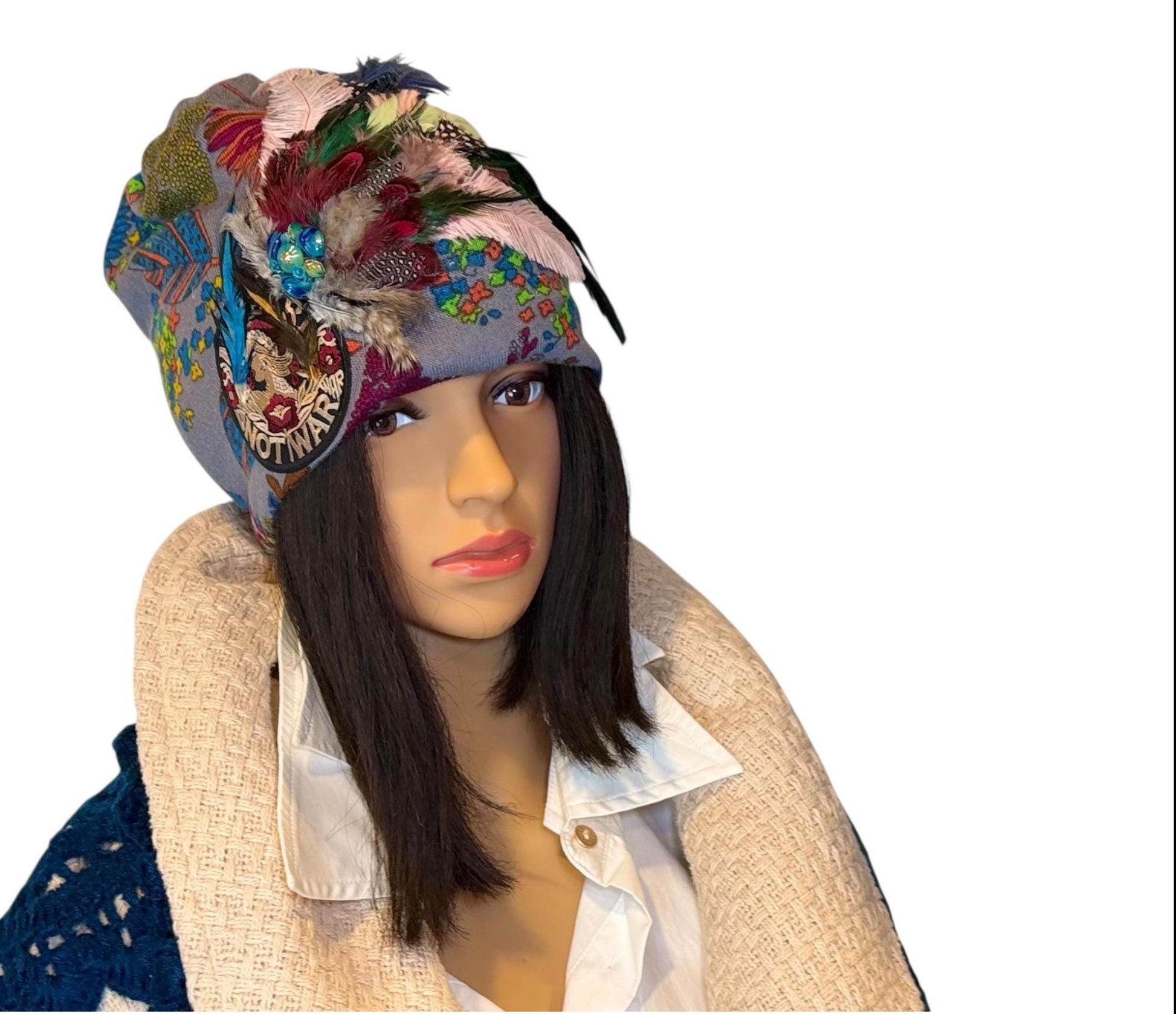 Statement Patchwork “Make Love Not War” Flapper - Designer Jeweled and Feathered Fashionable Hat