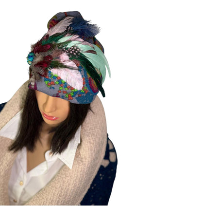 Statement Patchwork “Make Love Not War” Flapper - Designer Jeweled and Feathered Fashionable Hat