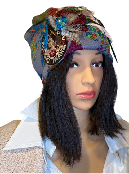 Statement Patchwork “Make Love Not War” Flapper - Designer Jeweled and Feathered Fashionable Hat