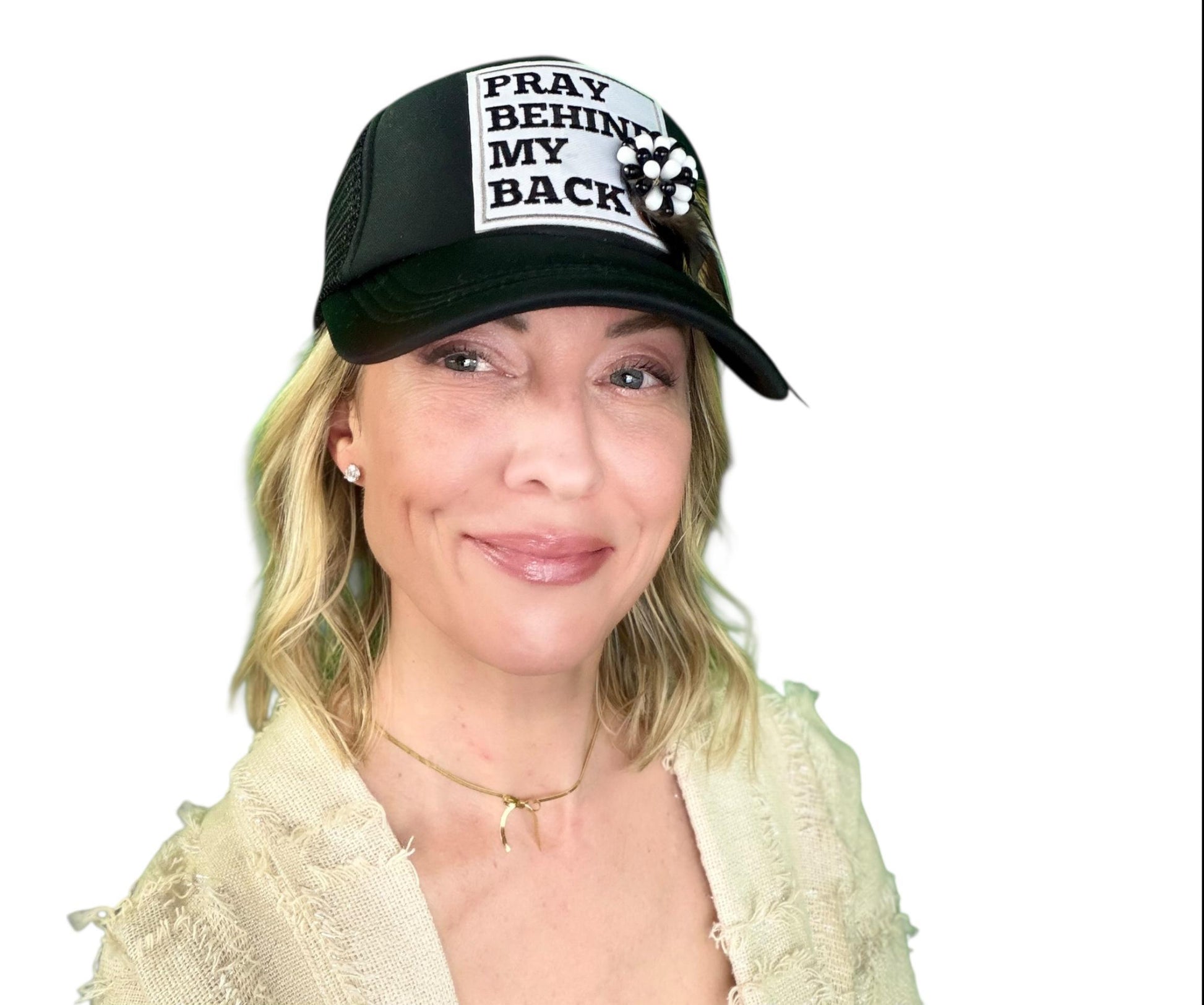 NEW Style Statement “Pray Behind My Back” Patchwork Jeweled Trucker Hat