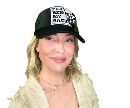 NEW Style Statement “Pray Behind My Back” Patchwork Jeweled Trucker Hat