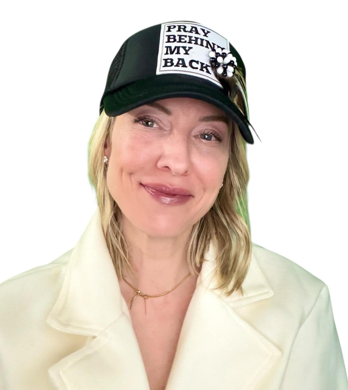 NEW Style Statement “Pray Behind My Back” Patchwork Jeweled Trucker Hat
