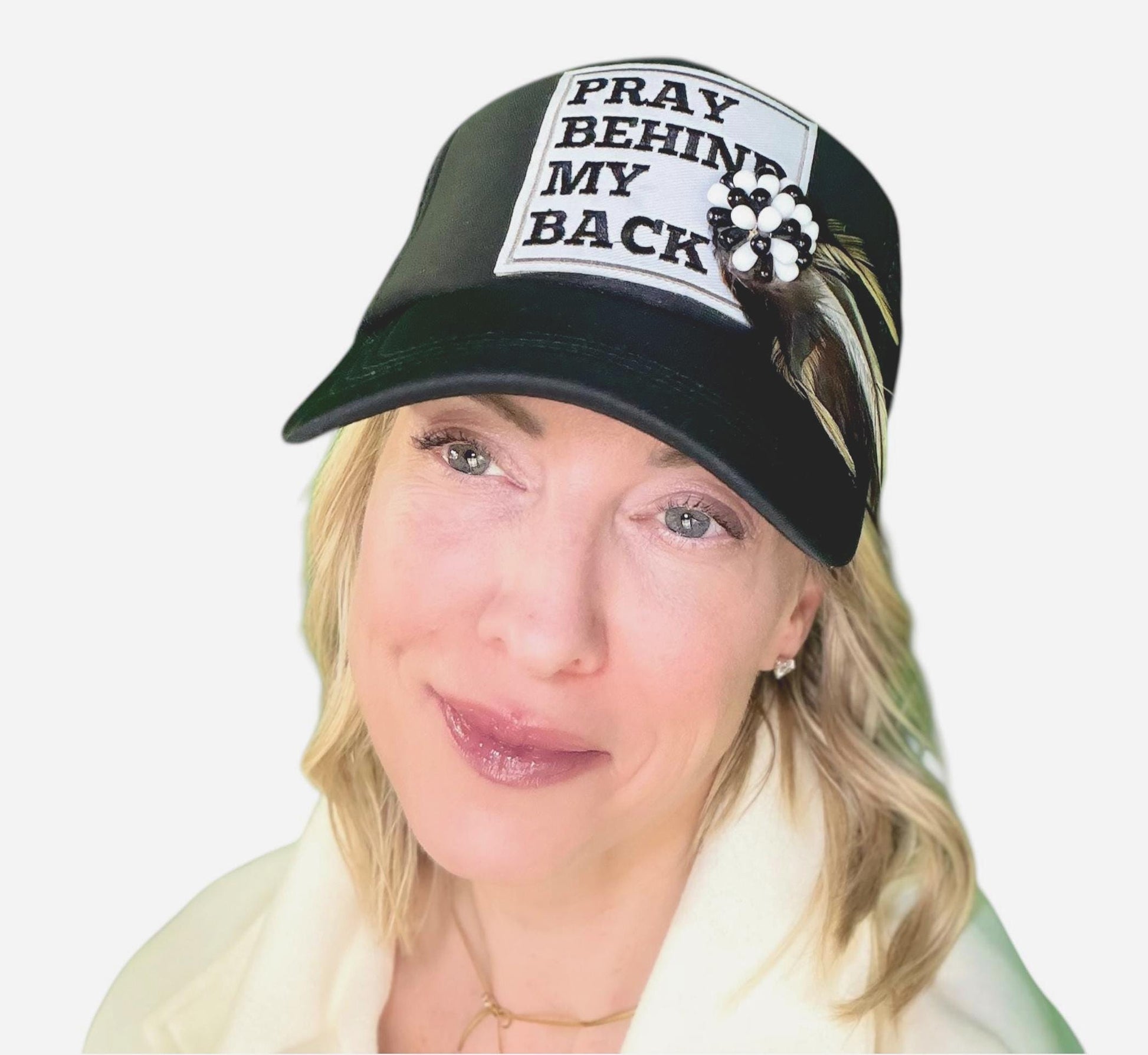 NEW Style Statement “Pray Behind My Back” Patchwork Jeweled Trucker Hat