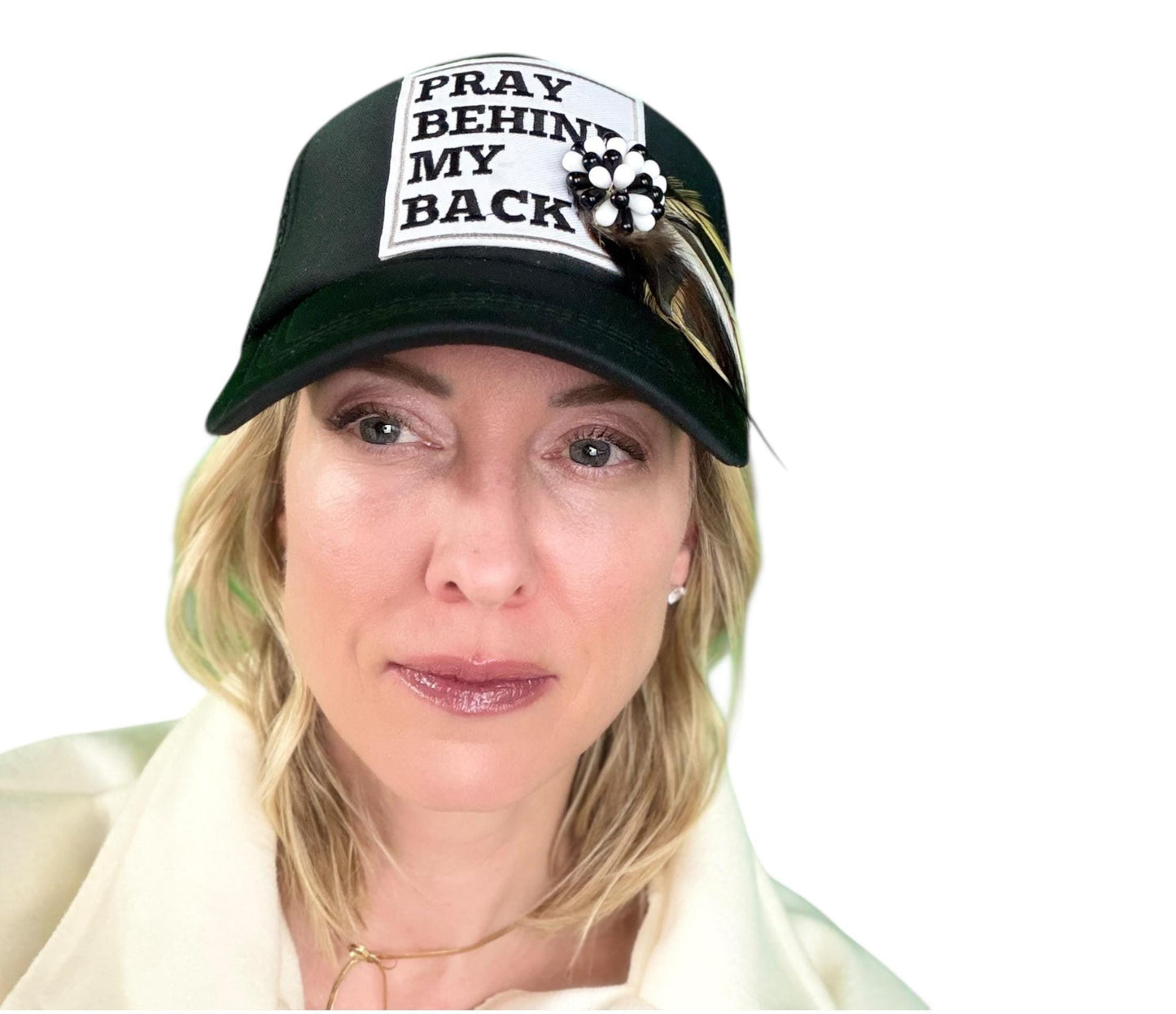 NEW Style Statement “Pray Behind My Back” Patchwork Jeweled Trucker Hat