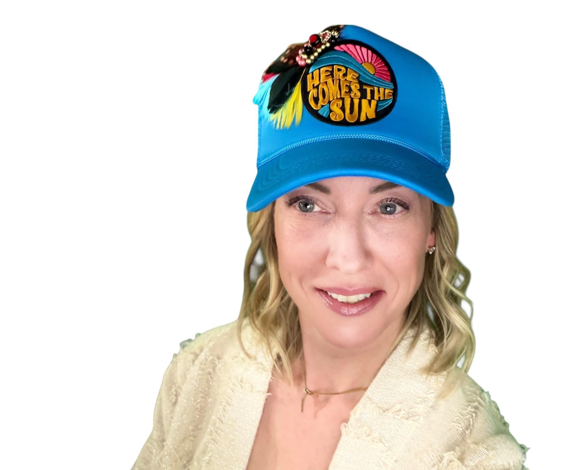 NEW Style Statement “Here Comes The Sun” Patchwork Jeweled Trucker Hat
