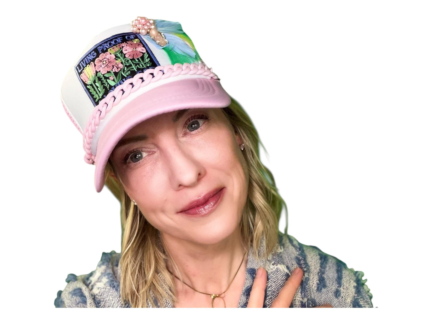 NEW Style Statement “LIVING PROOF” Patchwork Jeweled Avant-Garde Fashionable Trucker Hat