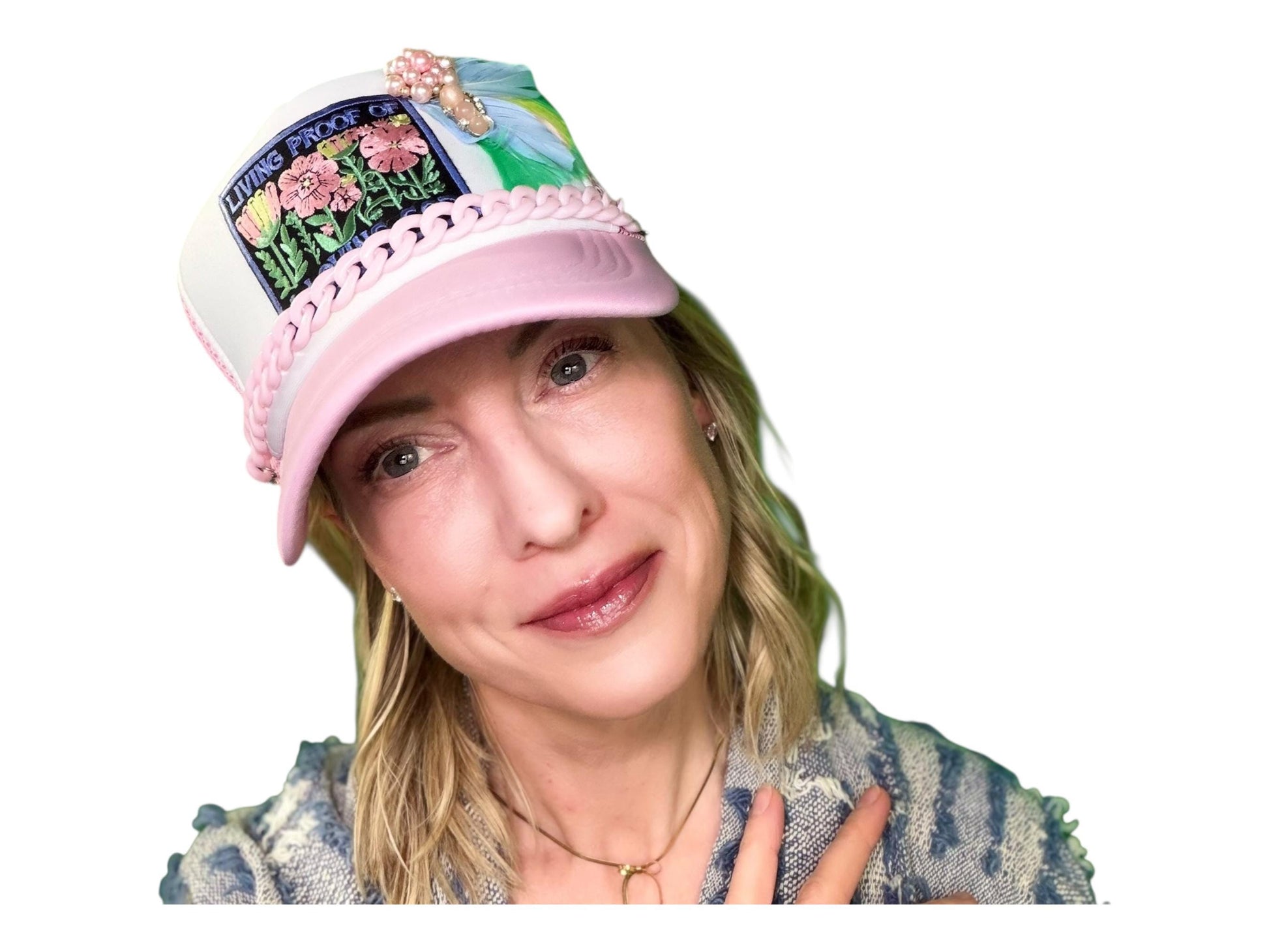 NEW Style Statement “LIVING PROOF” Patchwork Jeweled Avant-Garde Fashionable Trucker Hat