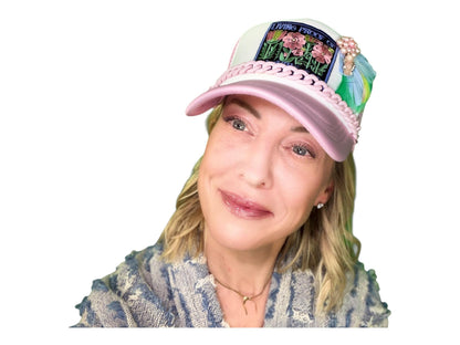 NEW Style Statement “LIVING PROOF” Patchwork Jeweled Avant-Garde Fashionable Trucker Hat